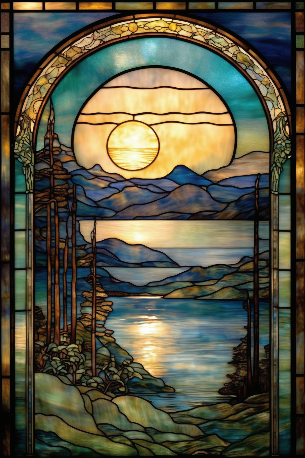 00421-1884528326-_lora_Louis Comfort Tiffany Style_1_Louis Comfort Tiffany Style - Design a heavenly mountain lake scene at moonnrise with a cres.png